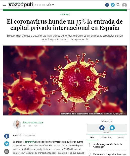 El coronavirus hunde un 35% la entrada de capital privado internacional en Espaa
